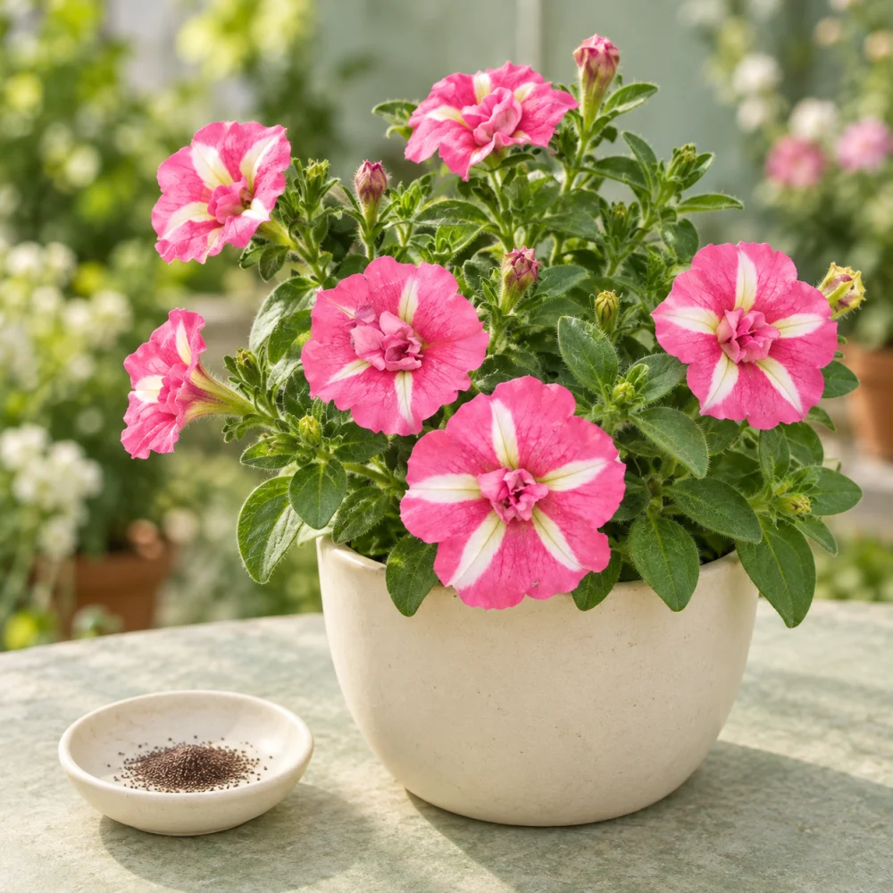 Generated illustration of Double Starburst Rose petunia flowers beside a dish of seeds