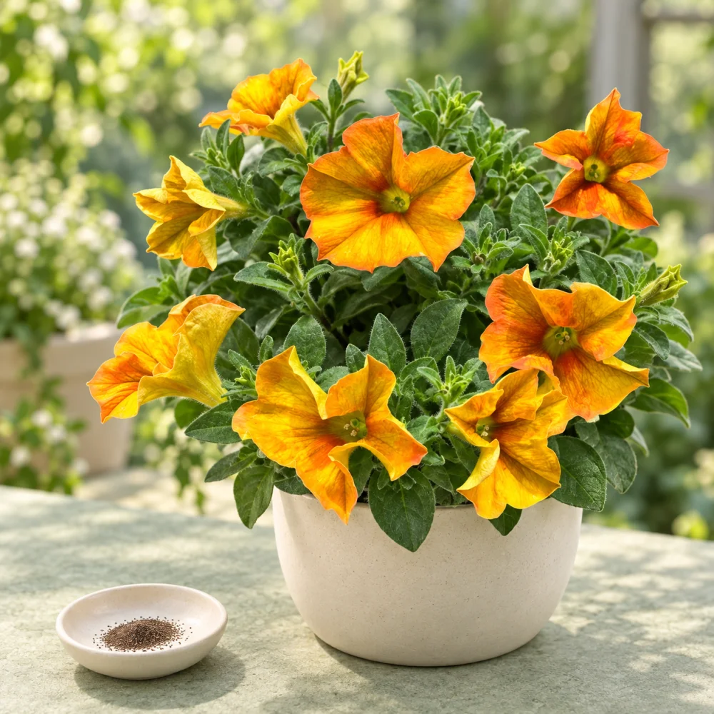 Generated illustration of Golden Fire petunia flowers beside a dish of seeds
