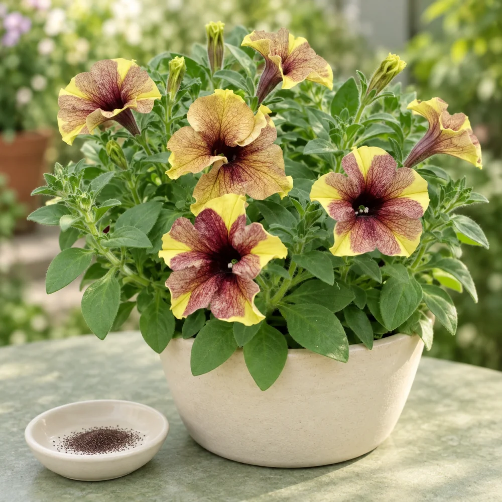 Generated illustration of Golden Yellow petunia flowers beside a dish of seeds