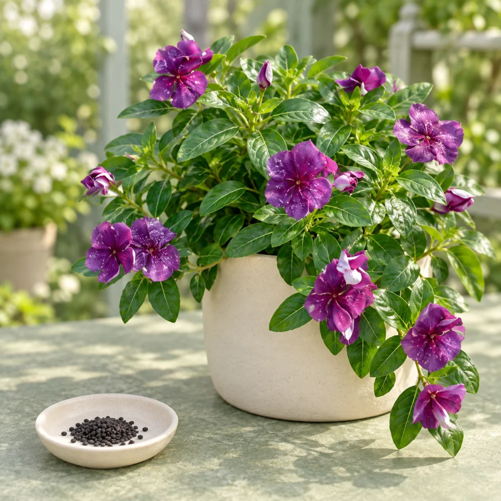 Generated illustration of Purple Plum vinca flowers beside a dish of seeds