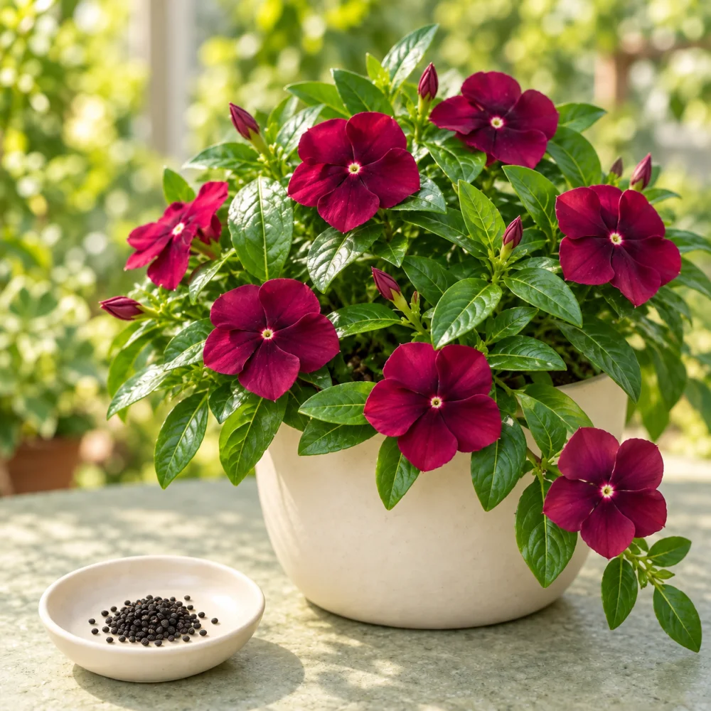 Red Choco vinca flowers beside a dish of seeds