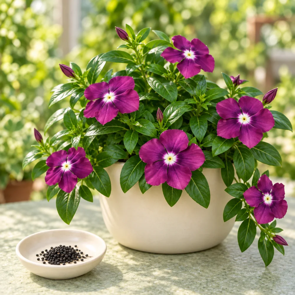 Sweet Purple vinca flowers beside a dish of seeds